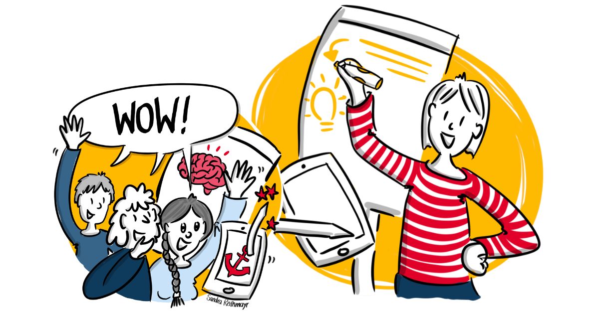 flipchart-typ Illustration von Sandra Reithmayr: eine Person zeichnet begeistert an einem Flipchart, während Teilnehmende mit WOW reagieren.