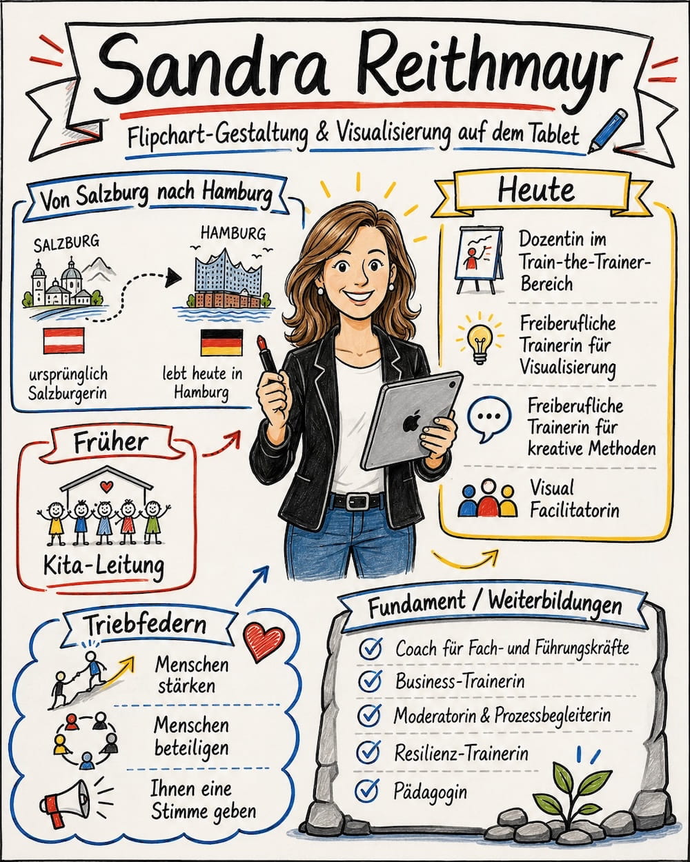 ki-visualisierung-vorstellungschart-sandra-reithmayr-ChatGPT-1 Vollfarbig ausgearbeitetes KI-generiertes Vorstellungschart von Sandra Reithmayr mit realistischer Portrait-Illustration