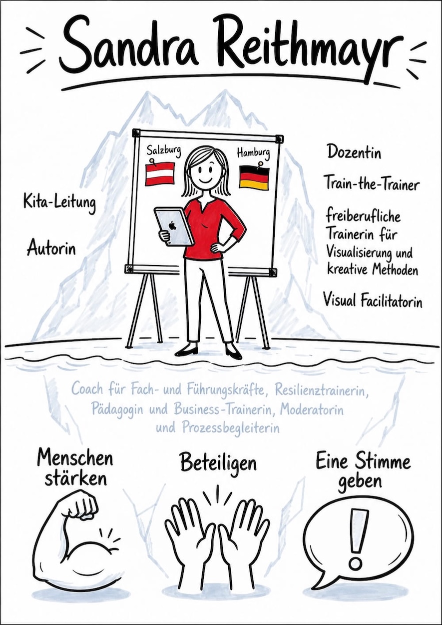 ki-visualisierung-vorstellungschart-sandra-reithmayr-ChatGPT-genaue-beschreibung Stark vereinfachtes KI-generiertes Vorstellungschart von Sandra Reithmayr mit Stationen Salzburg und Hamburg, sowie Sandras Ausbildungen, TĂ€tigkeiten und Schwerpunkten der Arbeit.