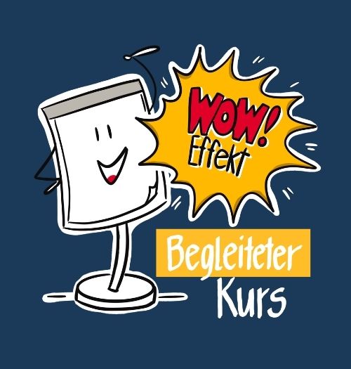 Illustration eines lächelnden, personifizierten Flipcharts mit Sprechblase „Wow! Effekt" und der Kennzeichnung „Begleiteter Kurs" – Produktbild für den begleiteten Kurs zur Flipchart-Gestaltung