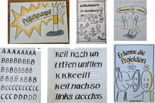 Übungsblätter – frühe Lernphase (Vorher) Bildcollage mit sechs Übungsblättern aus einer frühen Lernphase: eine Skizze zum Thema „Prüfungsangst", ein Willkommensplakat „Willkommen in Hamburg" mit Anker-Motiven, eine Zeichnung zu „Gemeinsamer Austausch", zwei Handschrift-Übungsblätter mit Buchstabenreihen und Wortübungen sowie eine Zeichnung zum Thema „Erkenne die Projektion"