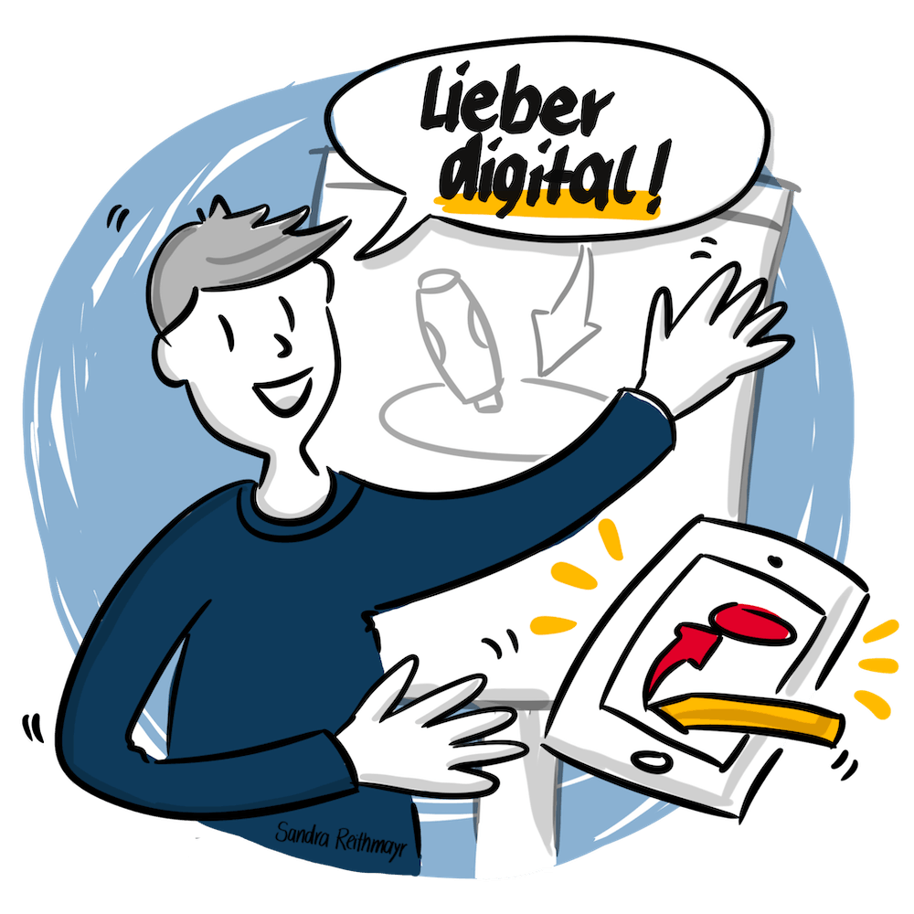 Lieber digital visualisieren Handgezeichnete Grafik mit einer Person am Flipchart, die mit den Worten „Lieber digital!" auf eine bereits begonnene Skizze am Flipchart zeigt und gleichzeitig ein Tablet mit Zeichenstift in der Hand hält – Hinweis auf den Kurs „Digital visualisieren mit Wow-Effekt"