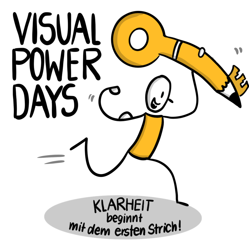 Handgezeichnetes Key Visual mit dem Schriftzug „Visual Power Days" und dem Stift-Charakter als Leitfigur, der einen Stift trägt, der zugleich ein Schlüssel ist – Symbol für die Schlüsselkompetenz Visualisierung –, darunter im Schatten der Claim „Klarheit beginnt mit dem ersten Strich"